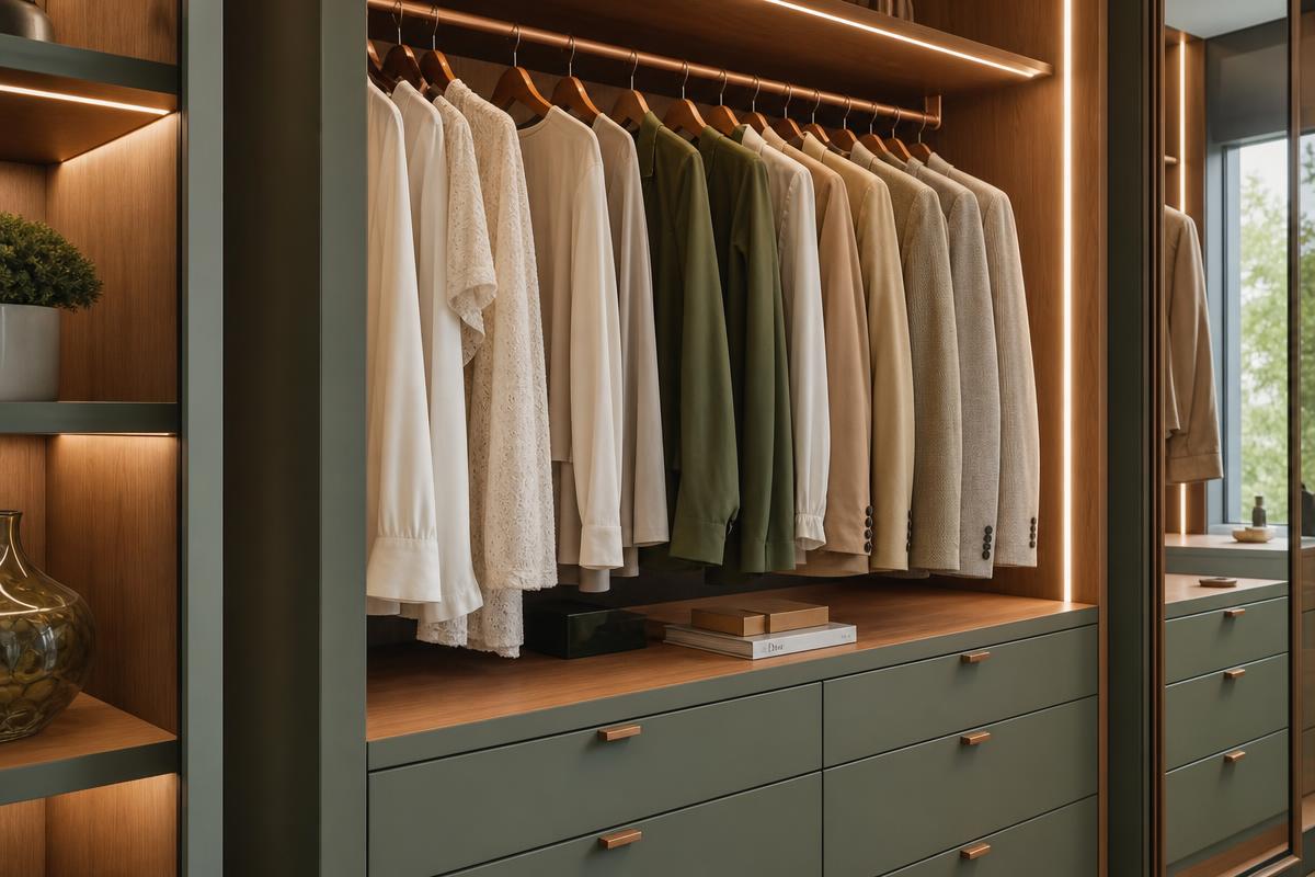 Detalhes de iluminação e organização em closet planejado