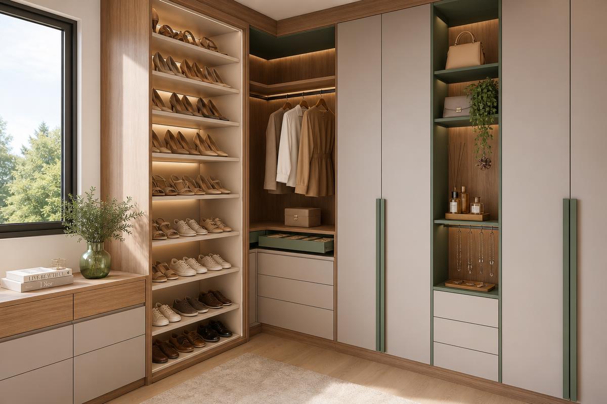 Closet planejado compacto e organizado