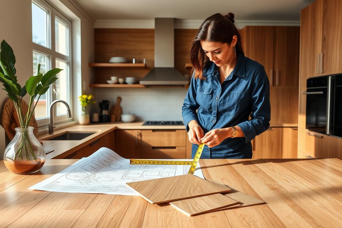 Profissional medindo cozinha planejada com amostras de materiais