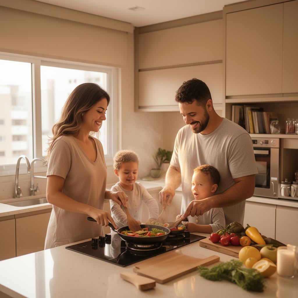 Família utilizando cozinha planejada com funcionalidade