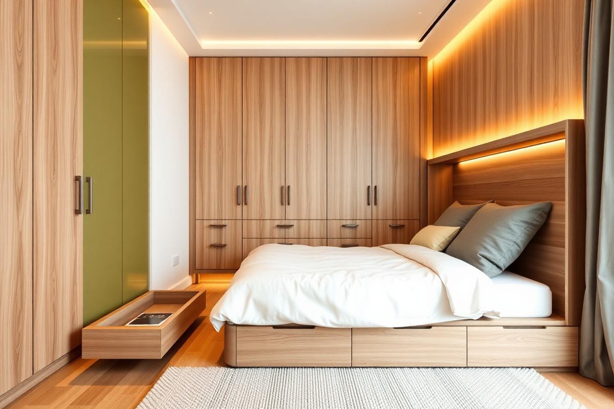 Quarto compacto com cama planejada e gavetas inferiores