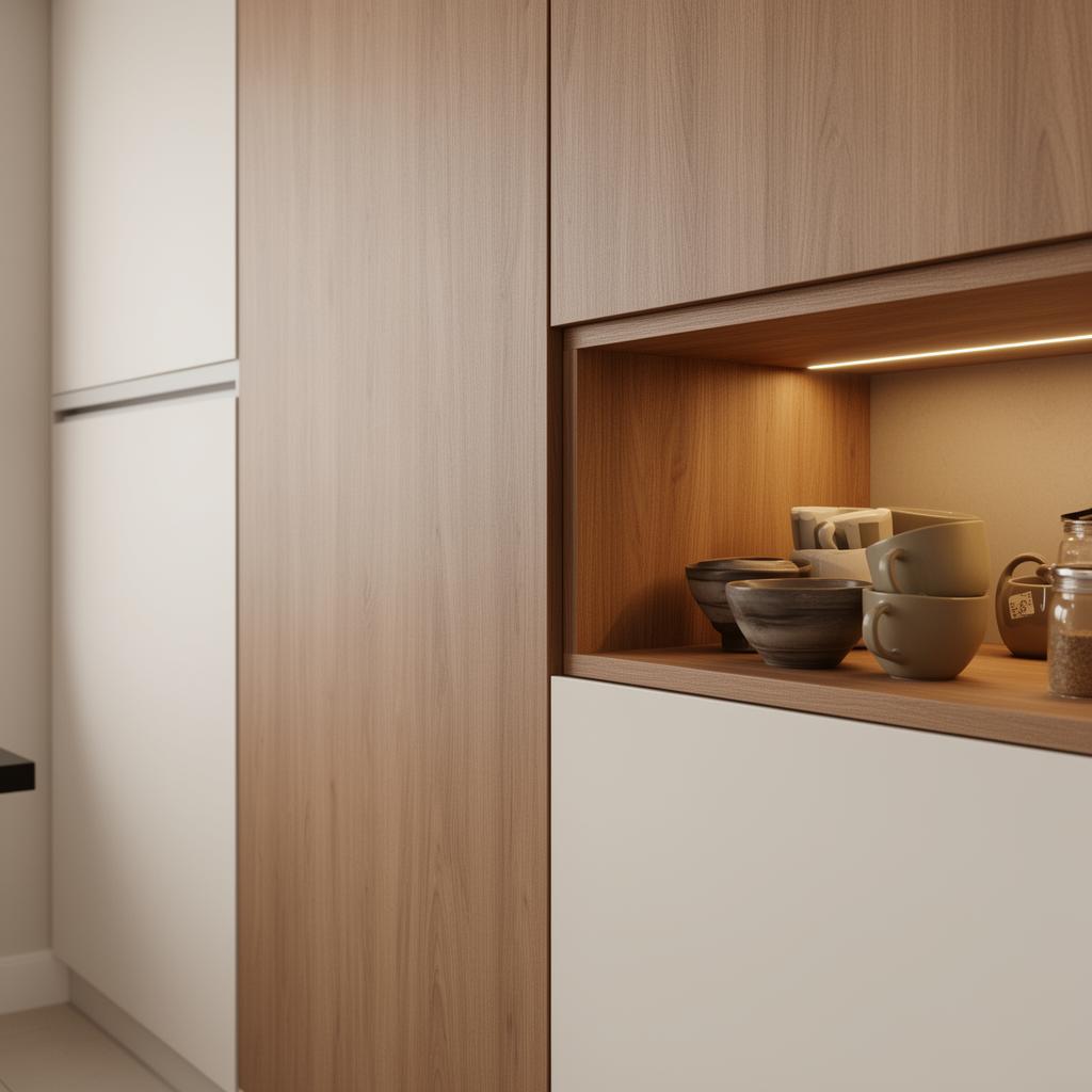 Detalhes de acabamento em MDF com tons naturais e puxadores embutidos